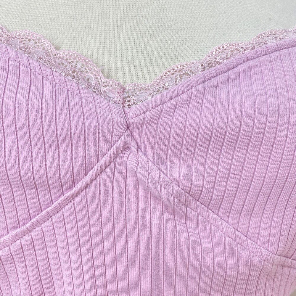 Pac Cares Pink Crop Baby Doll Halter Top Medium Ribbed Knit Lace Boho Fairy Goth - Picture 4 of 9